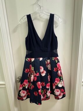 Xscape Navy Fit-and-Flare Floral Mini Dress - Size 10
